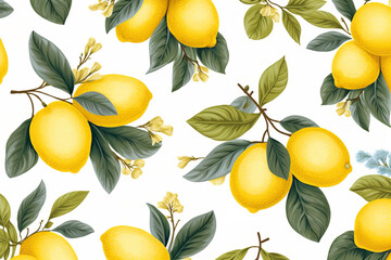 Mediterranean style lemons on white background repeating, pattern, vector, seamless pattern