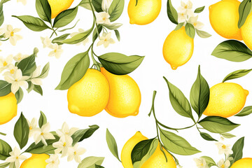 Mediterranean style lemons on white background repeating, pattern, vector, seamless pattern