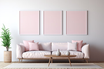 pink living room mock up with large painting pastel, empty framed template of artwork, blank mockup
