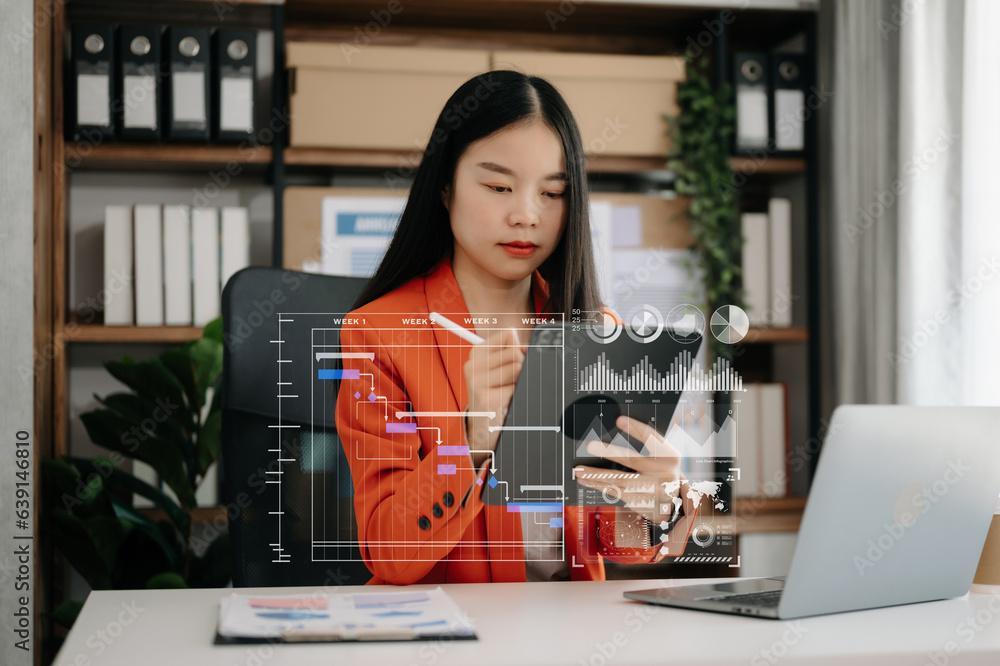 Poster woman hand project manager working and update tasks and gantt chart scheduling virtual diagram.with 
