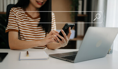 Searching Browsing Internet Data Information Networking Concept with blank search bar. woman...