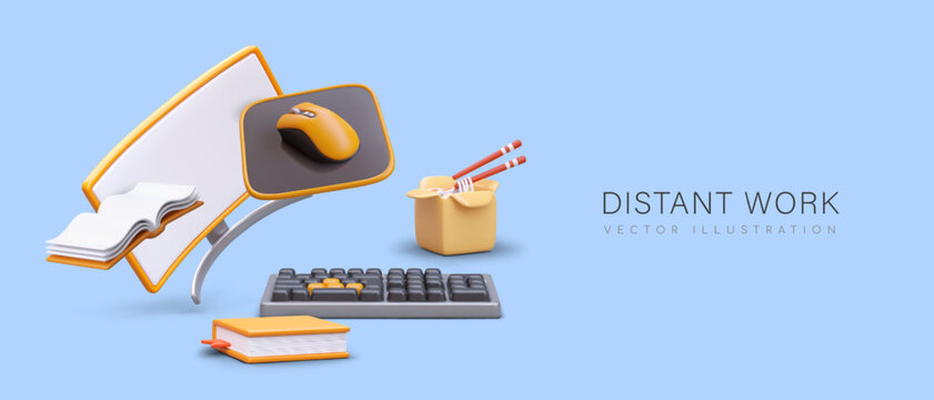 Distant work concept. Self employment. Freelancer devices. Isolation, quarantine. Gadgets for working on computer at home. Color concept on blue background. Floating vector objects