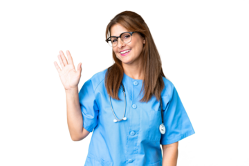Middle age nurse woman over isolated background saluting with hand with happy expression