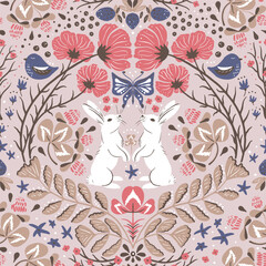 Seamless pattern with blooming cosmea branches, rabbits, berries and birds. Wildlife silhouette, nude floral background. Vector hand drawn illustration, garden in folk - scandinavian style.