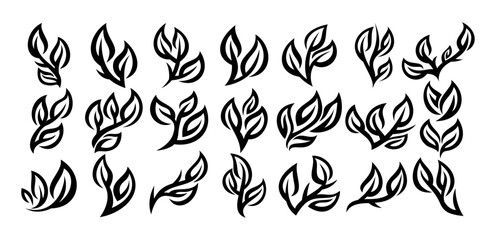 Set of silhouette line nature leaf icon design