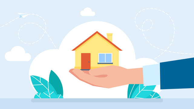 Cartoon Hand Holding The House Mortgage Loan. Real Estate Agent Gives Home. Rent Housing Banner Template. Hand Holding House. Flat Illustration