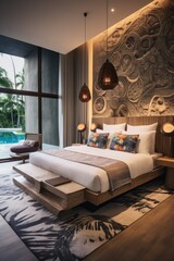 vertical photo of a modern creative interior in dark colors of a bedroom in a hotel