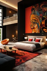 vertical photo of a modern creative interior in dark colors of a bedroom in a hotel