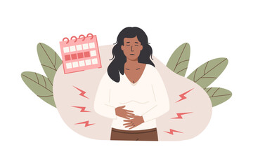 Painful menstruation concept trendy flat illustration. Uterus inflammation, endometriosis. Young female having an abdominal pain composition with menstrual calendar. Monthly women cycle. Gynecology. - obrazy, fototapety, plakaty