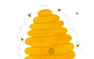 Yellow watercolor honey hive with cute bees isolated graphic element. Hand drawn beehive illustration in cartoon style with texture are great for baby shower design, beekeeping, apiculture