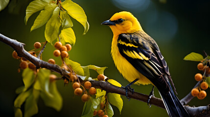 colorful bird on the branch. small black bird with yellow beak