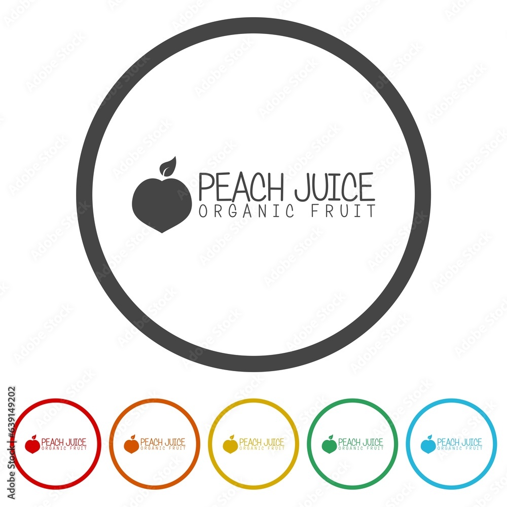 Poster peach juice logo template. set icons in color circle buttons