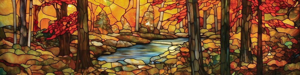 Stained Glass Window Landscape 19th Century American Style
