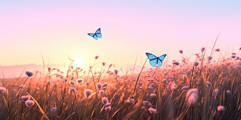 Floral bliss. Dancing butterflies in summer meadow. Nature palette. Vibrant meadow blooms. Butterfly and flowers