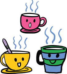 Set of cute hand cut doodle coffee mugs.