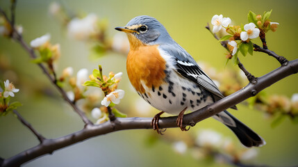 colorful bird on the branch. brown bird with yellow beak