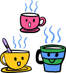 Set of cute hand cut doodle coffee mugs.