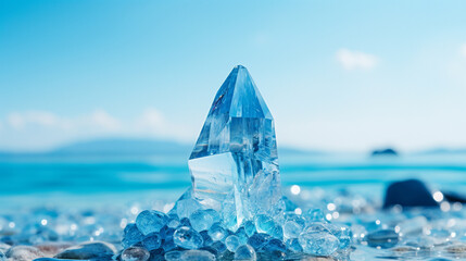 A serene shot of a serene blue aquamarine, evoking the calm and soothing energy of the ocean's tranquil waters 