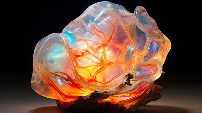 A mesmerizing visual of an opal's iridescent fire dancing within its milky white base, displaying an array of captivating colors 