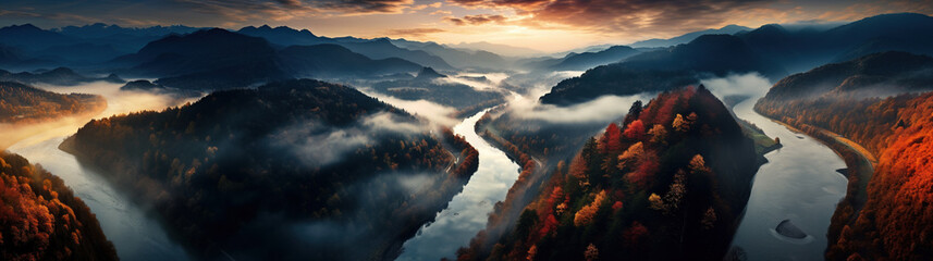 Beautiful autumn panoramic landscape, forest and river in the mountains, aerial view. AI