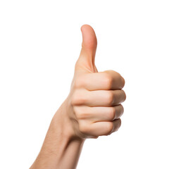 Men hand showing thump sign, front view isolated on transparent background.