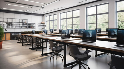 Modern school classroom interior design with laptop computers