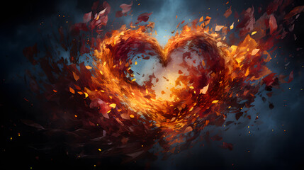 Burning heart on a dark background. 3d illustration. Copy space.