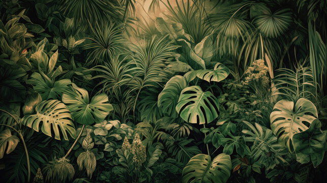 Tropical rainforest pattern texture with monstera leaves