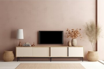 Cabinet for TV on the cream color wall in living room,minimal design, Generative AI