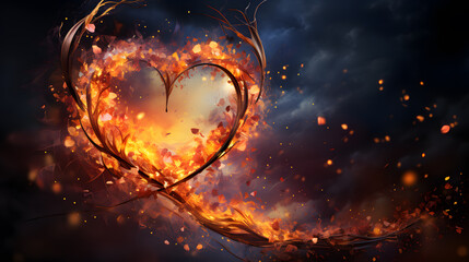 Flaming heart on dark background. 3D rendering illustration.