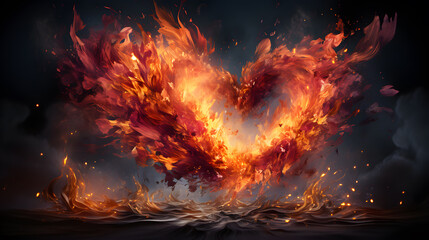 Flaming heart on dark background. 3D rendering illustration.