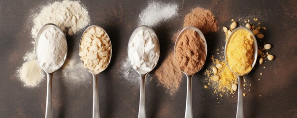 Metal spoons of various gluten free flour almond flour, oatmeal flour, buckwheat flour, rice flour, corn flour , flat lay, top view, Generative AI