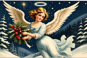 Vintage Weihnachtsengel Bild oder Postkarte. Historische Abbildung im Stil des 19 und 20 Jahrhunderts.