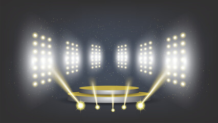 Abstract background stadium stage luxury hall with scenic lights of round futuristic technology interface Gold vector lighting empty stage spotlight background.