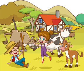 Obraz na płótnie Canvas vector illustration of farm animals and kids