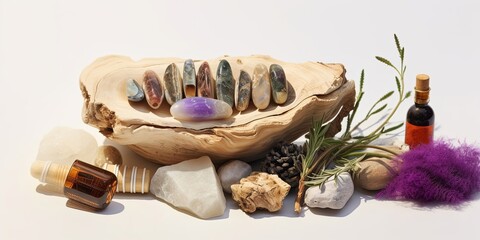 Healing crystals, elixir, palo santo, white sage bundle on abalone sea shell, dry healing herbs on white background, Generative AI