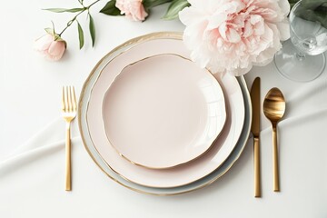 Beautiful table setting with golden cutlery and peony flowers, mock up, Generative AI