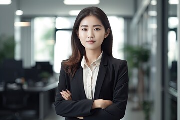 Fototapeta premium Proud asian businesswoman in the office. AI generative
