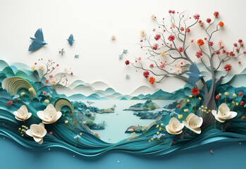 Paper art of spring season with blue sea and sky background. Paper art style.