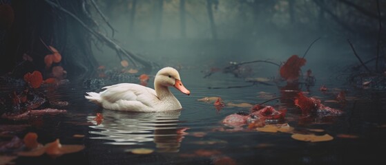 Beautiful duck swimming in a lake with calm murky water and trees in background shrouded in morning fog - generative AI