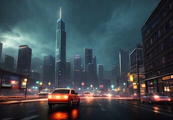 Naklejka premium Night big city of the future cyberpunk style,Generative AI