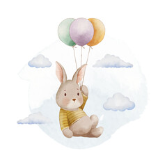 bunny and balloons watercolor clipart illustration for baby and kids