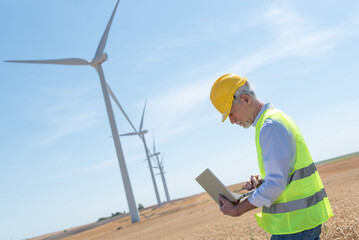 Engineer using laptop for wind turbine inspection