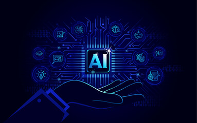 Obraz premium AI technology, Artificial Intelligence, icon, concept, digital, technology background with AI, logo, robot, data, machine learning, AI chatbot, circuit board, AI tech, vector for AI business, ppt
