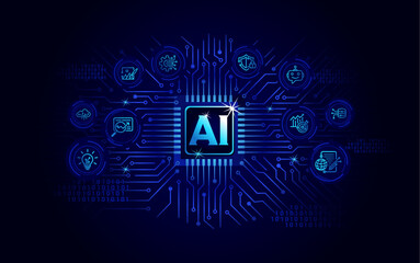 Obraz premium AI technology, Artificial Intelligence, abstract, technology background, AI concept with hand holding, AI logo, vector circuit board, AI background 