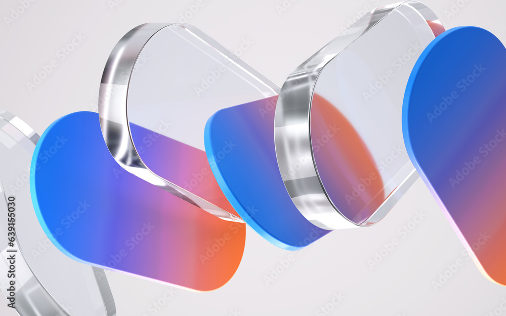 Poster dynamic background with glass and colorful plastic shapes. 3d rendering illustration.