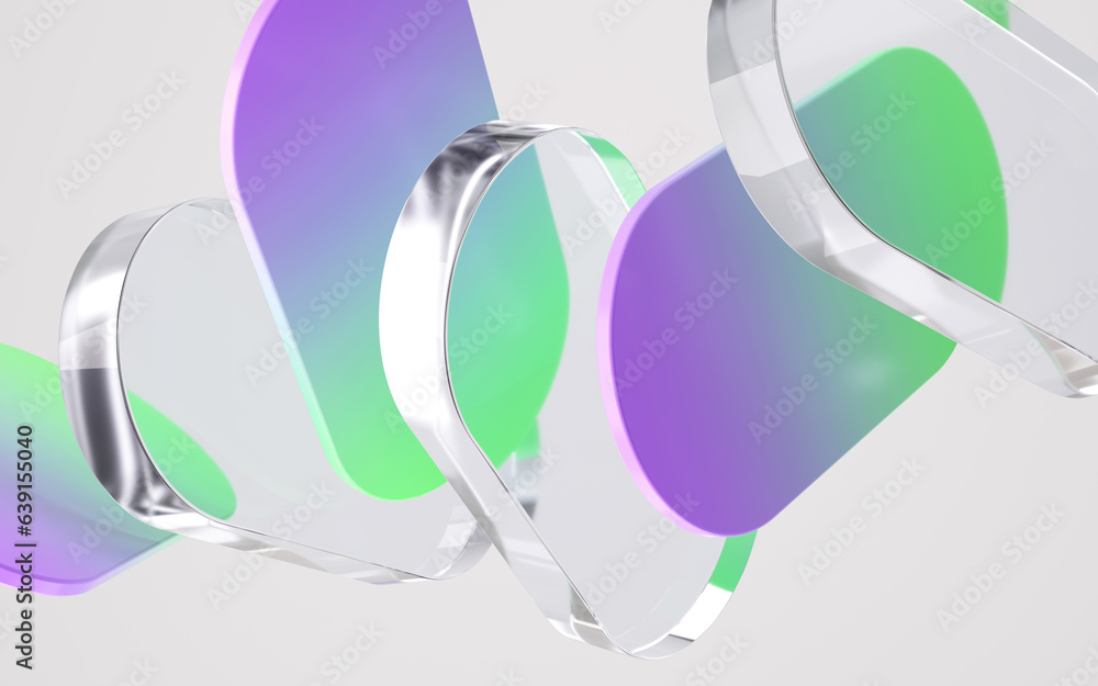 Poster dynamic background with glass and colorful plastic shapes. 3d rendering illustration.