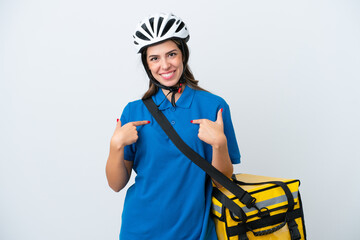 Young delivery woman with thermal backpack isolated on white background with surprise facial expression