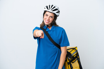 Young delivery woman with thermal backpack isolated on white background points finger at you with a confident expression