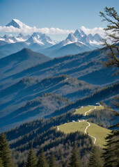 A beautiful view of a mountain green range or alpine meadows with a beautiful landfall